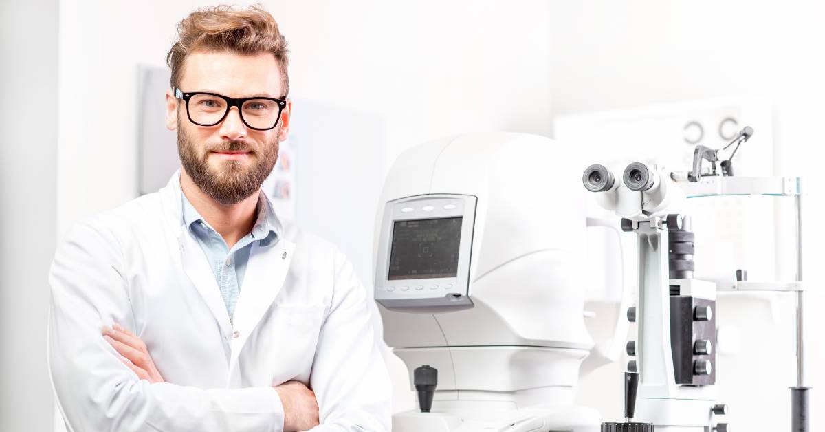 Léčba keratokonu: Co je to a jak ji léčit? 9 a specialist in ophthalmology with medical equipment for eye examination, focusing on corneal health.