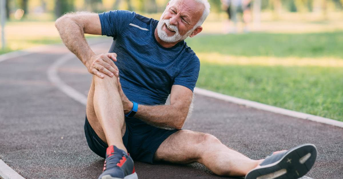 Babské rady na bolest kolene: 17 Tipů pro rychlou úlevu od bolesti! 1 an elderly man sitting on a track while holding and stretching his painful knee, showing signs of discomfort or injury related to knee strain or overuse.