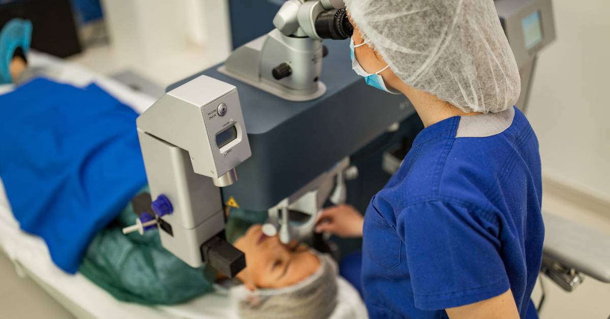 a medical professional performing a precise laser eye procedure using advanced ophthalmic equipment on a patient’s rohovka