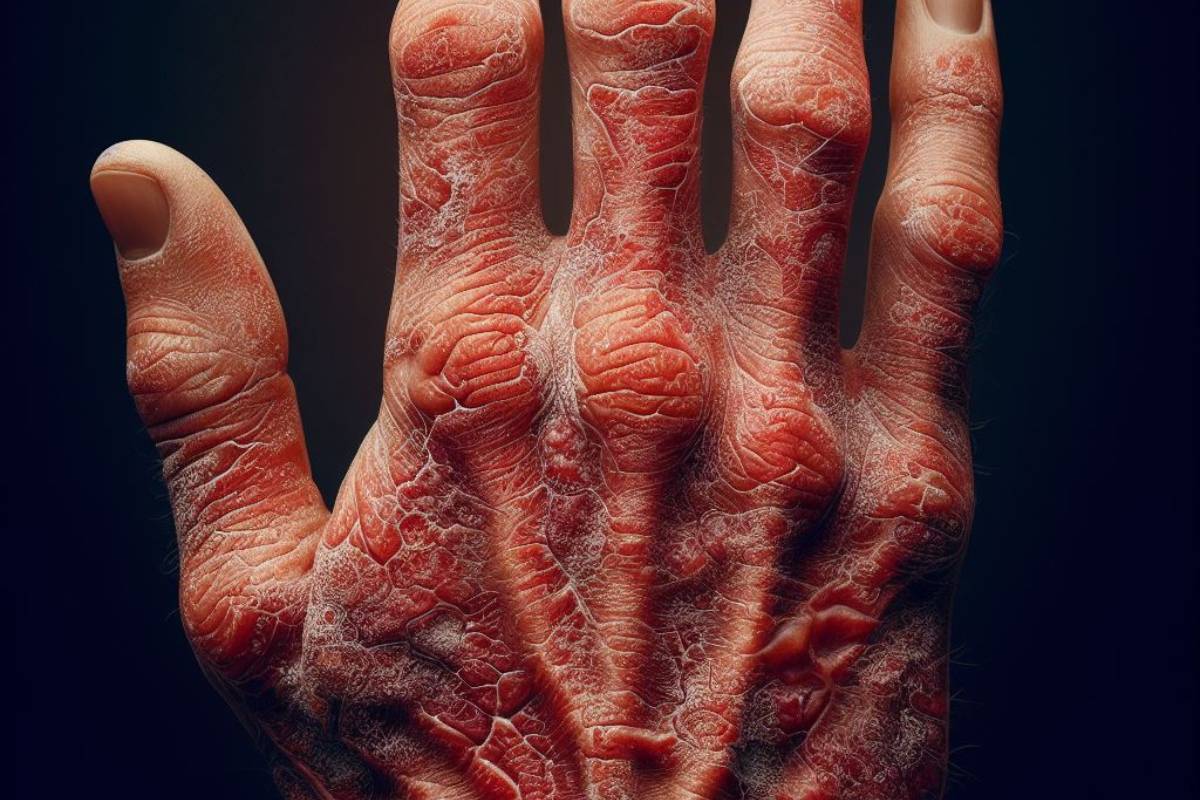 Nejlepší babské rady na atopický ekzém: 8 Rad pro rychlou úlevu 1 a hand with severe symptoms of atopický ekzém showing red, inflamed, and swollen skin with visible cracks and irritation causing noticeable záněty