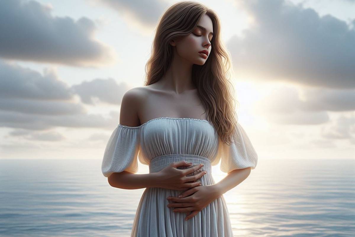 a serene woman in a light off-shoulder dress standing by the ocean at sunset, embodying calm and natural beauty