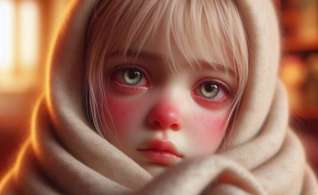 15 Nejúčinnějších babských rad na zadní rýmu, které musíte vyzkoušet pro rychlou úlevu 1 a distressed child with red, irritated eyes wrapped in a light-colored hood, suggesting discomfort or illness like ucpaný nos or zánět nosních dutin