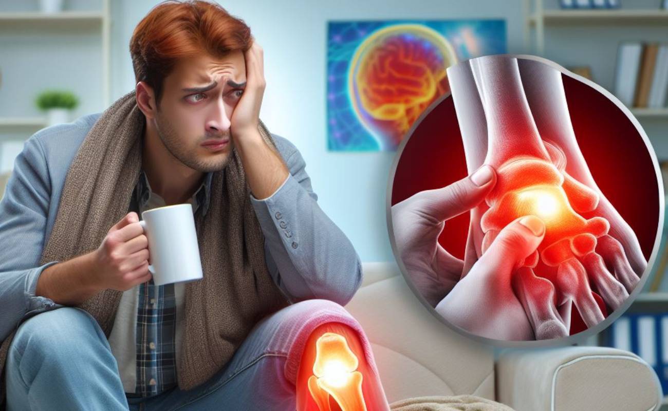 a person holding a mug while experiencing joint pain, highlighting inflamed knee and hand affected by gout (záchvaty dny) with medical illustrations.