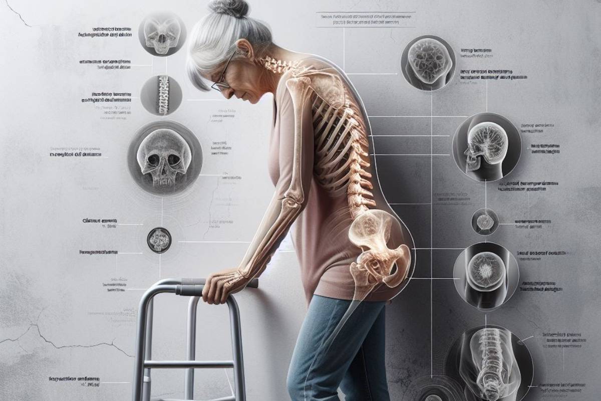 Babské Rady na Osteoporózu: 12 Bylinek a vitamínů pro zdravé kosti 5 an elderly person leaning on a walker with a transparent overlay of the human skeletal system, highlighting bone structure and common areas affected by osteoporosis, surrounded by medical scans of bones.