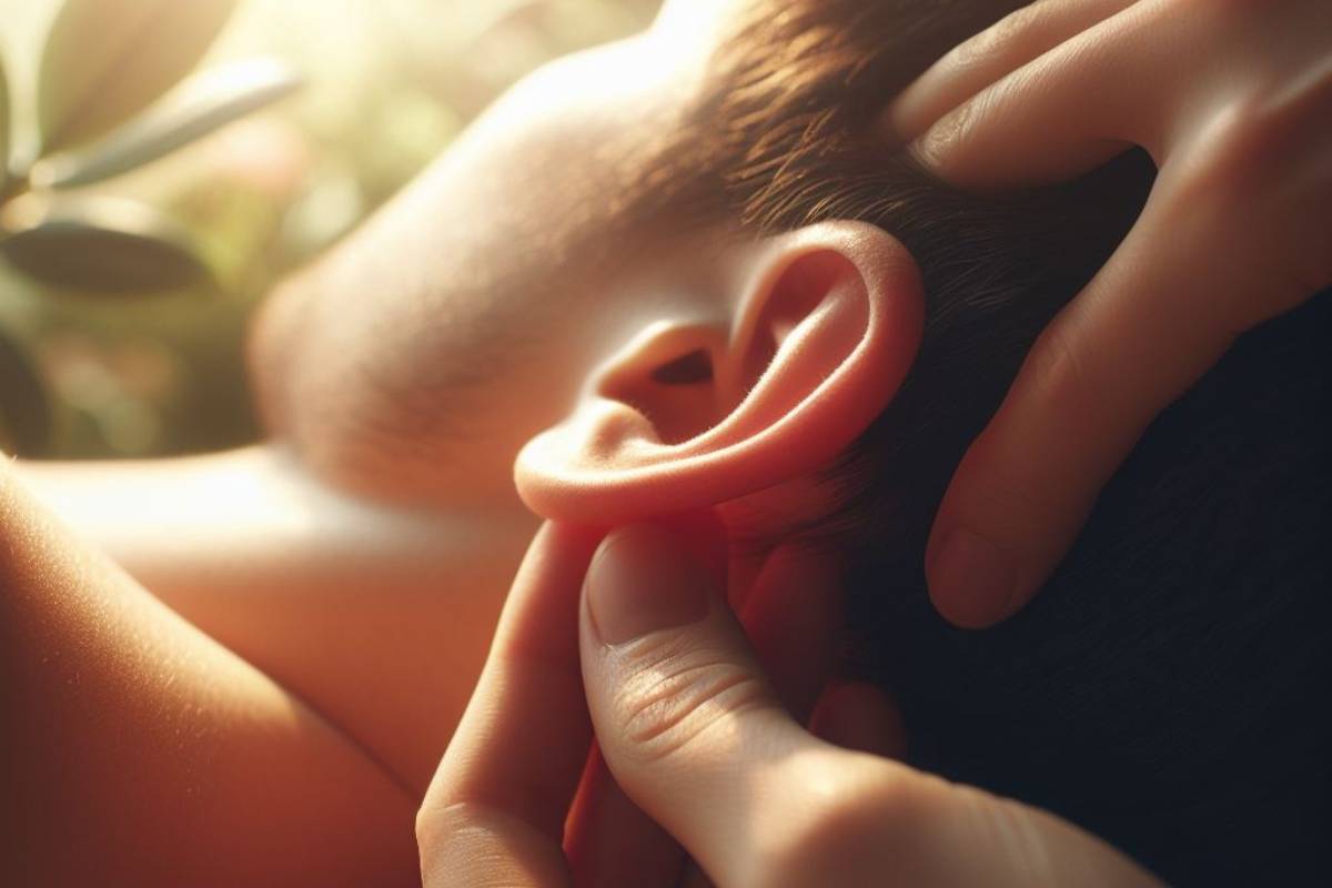 Babské Rady na šumění v uchu: 10 Nejlepších domácích řešení 4 a close-up of gentle hands massaging a person’s ear, highlighting soothing touch for ear comfort and relaxation.