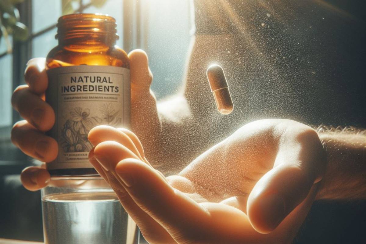 a hand releasing a capsule from a bottle labeled "natural ingredients" with sunlight streaming through a window.