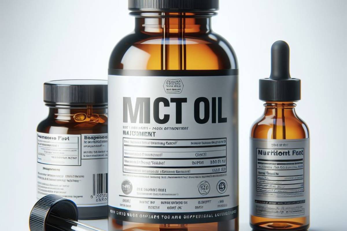 Neuvěřitelné Účinky MCT Oleje pro Váš Mozek, Tělo a Hubnutí! 8 three amber glass bottles labeled with MCT oil and related supplements, showing a large central bottle with "MCT OIL" text, a smaller dropper bottle, and a capsule bottle for dietary use.