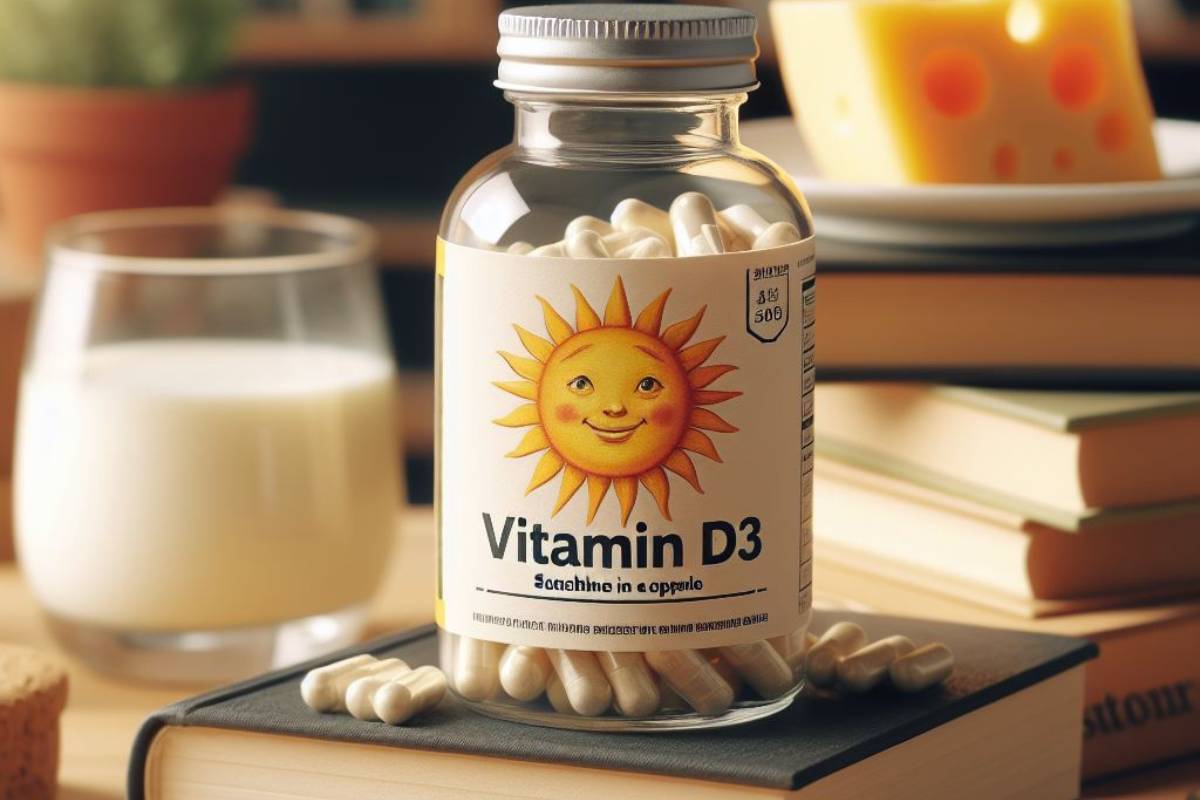 Nepodceňujte Sílu Slunce: Vitamin D3 a Jeho 7 Účinků na Zdraví 7 a clear glass bottle of Vitamin D3 supplements with a smiling sun graphic, containing white capsules, placed on an open book with spilled capsules nearby