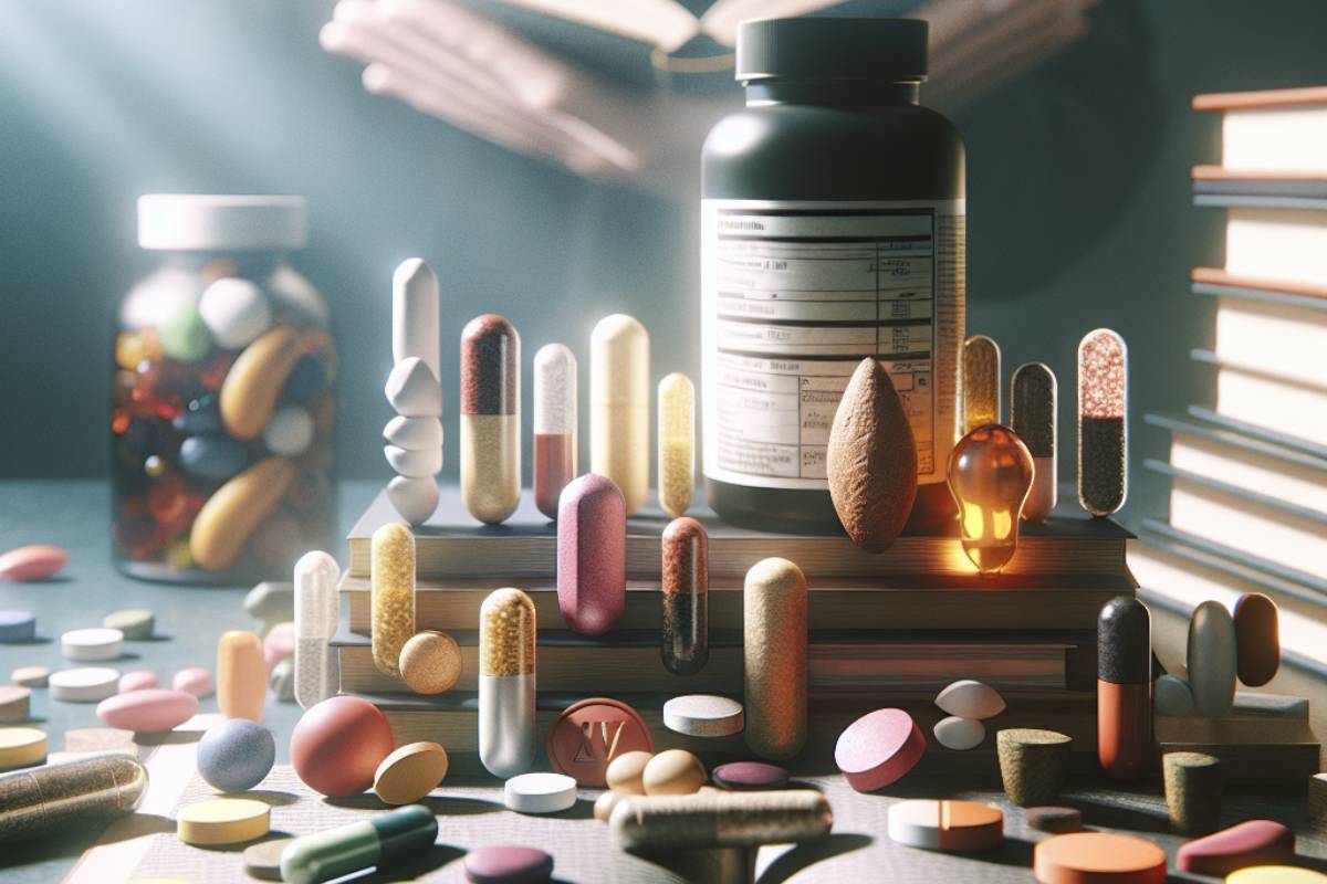 a collection of various vitamin and supplement pills, capsules, and tablets arranged on an open book with bottles in the background, illustrating potential interactions among different forms of suplementace.