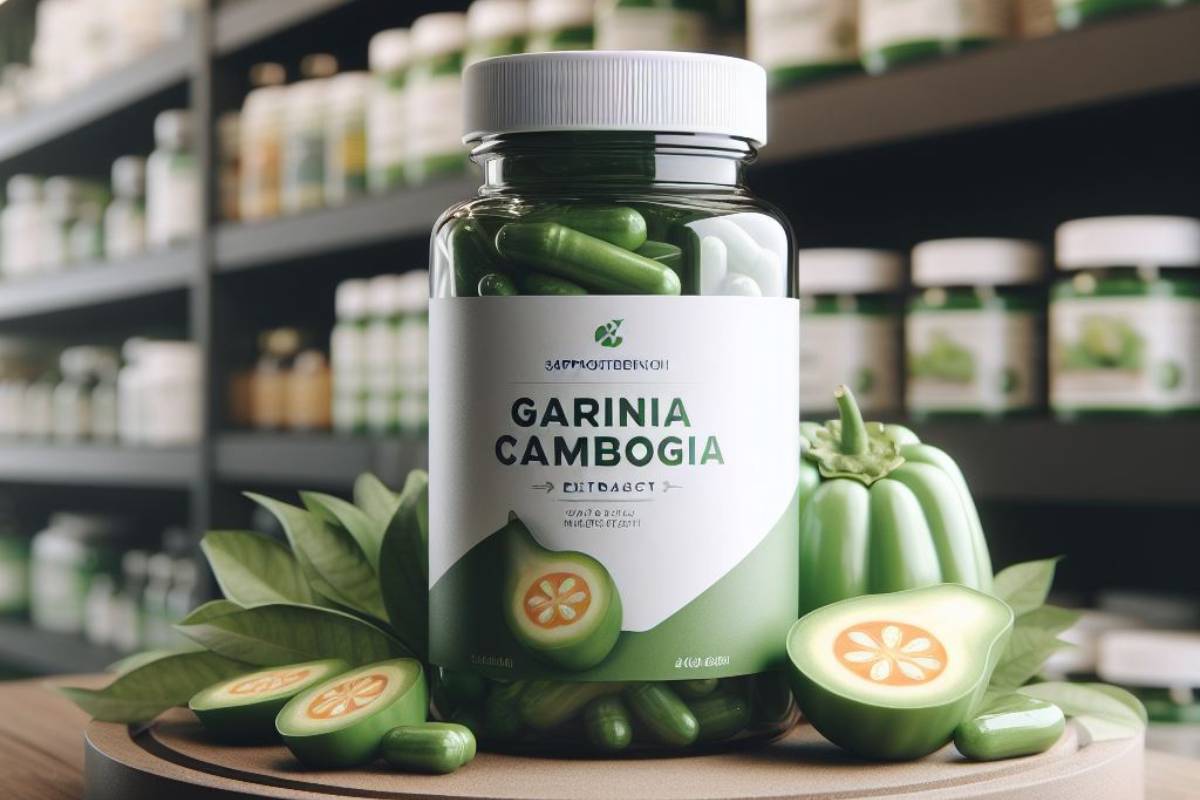 a large bottle of Garcinia Cambogia supplement capsules surrounded by sliced tropical fruit, garnished with leaves
