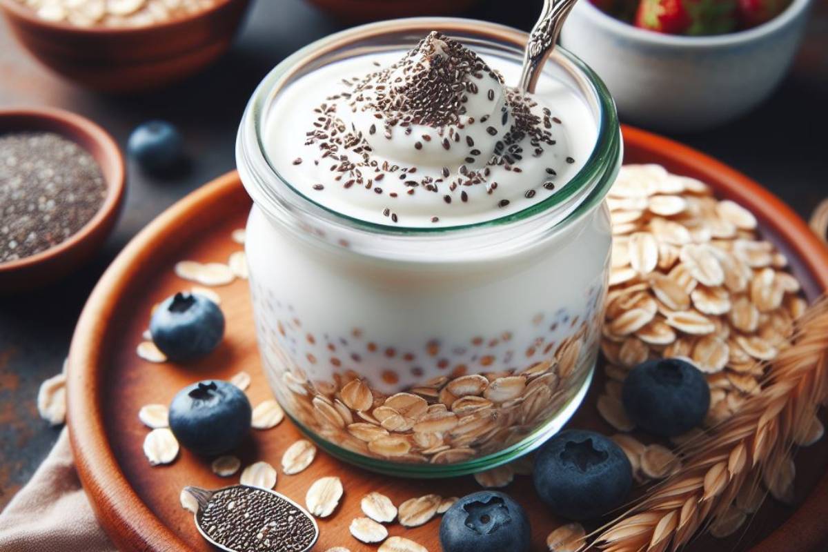 Ovesná kaše přes noc: Rychlá a zdravá snídaně, kterou si zamilujete 1 a glass jar of overnight oats topped with chia seeds, surrounded by oats, blueberries, and oat grains for a healthy breakfast