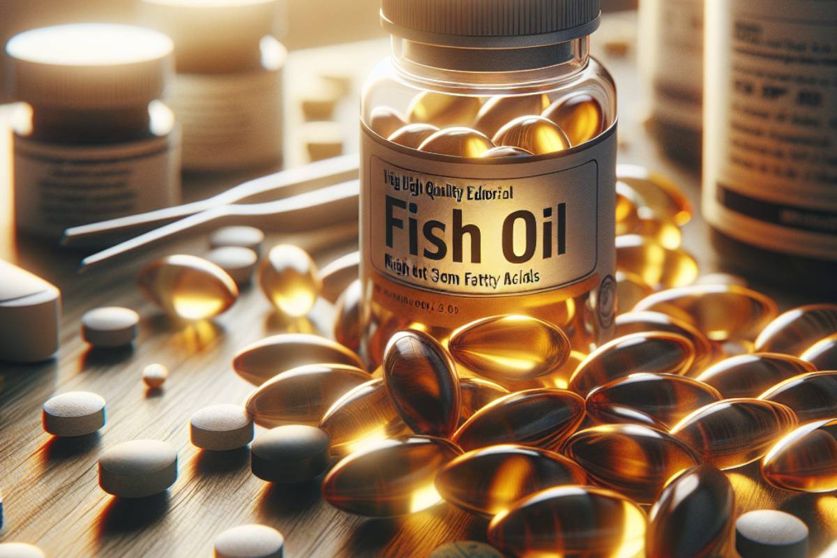 a bottle of high-quality fish oil dietary supplement capsules with omega-3 fatty acids, surrounded by spilled pills on a wooden surface