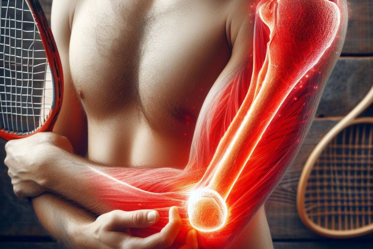 15 Neuvěřitelných tipů jak vyléčit tenisový loket a nemít bodavé bolesti na vnější straně loktu 1 a person holding a tennis racket with highlighted muscles and tendons around the elbow showing laterální epikondylitida (tenisový loket) and inflammation.