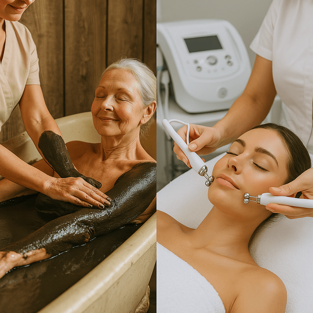 Tradiční vs. moderní lázeňské procedury: Co očekávat a jak si vybrat 1 a senior receiving a traditional rašelinový zábal (mud wrap) and a person undergoing modern facial wellness treatment using spa technology