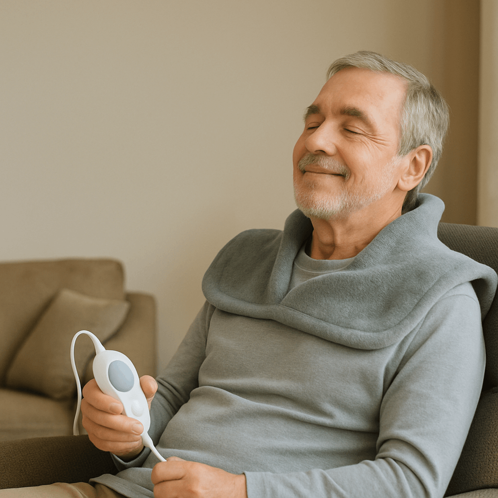 Úleva od bolesti zad a krční páteře: Jak správně používat vyhřívací dečku 1 an older man relaxing at home while using a handheld massager for úleva od bolesti zad a krční páteře.
