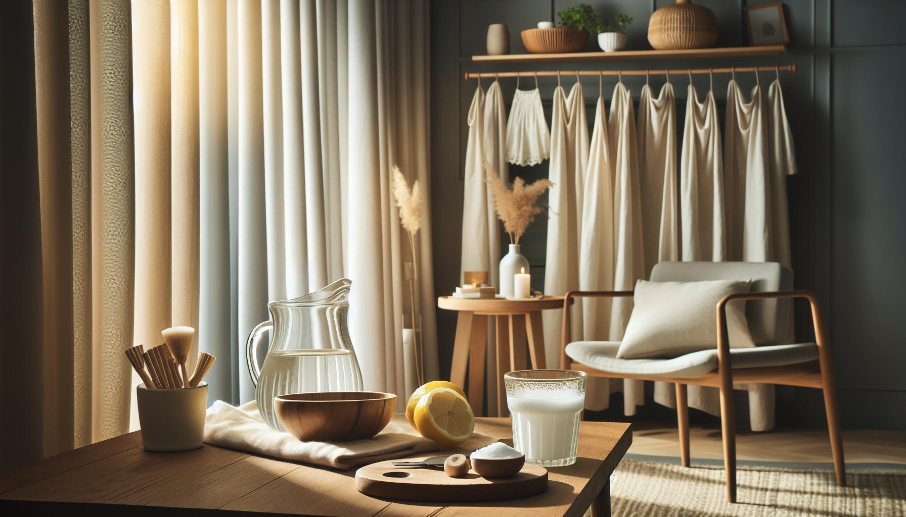 a cozy interior corner with natural light showcasing a pitcher of water, wooden bowl, lemon slices, and baking soda for natural curtain whitening on a wooden table.
