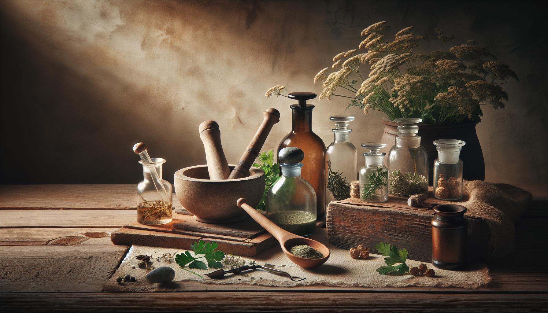 Babské Rady Na Potrat: Historické Metody (Pouze Informačně) 14 a rustic wooden table displaying traditional herbal remedies, including a mortar and pestle, dried plants, glass jars with botanicals, and historical tools linked to natural healing and women’s wellness traditions