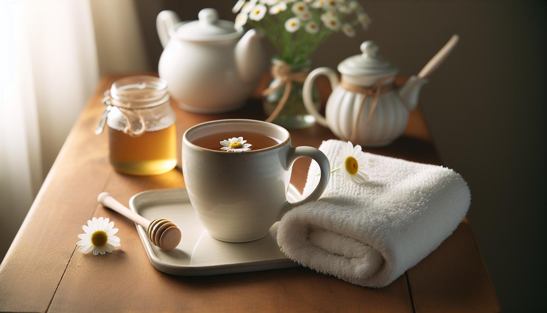 Babské Rady Na Citlivé Zuby: Konec Nepříjemného Citlivosti 1 a cozy wooden table setup with a cup of herbal tea adorned with a small flower, honey jar, rolled towel, honey dipper, and decorative teapots for natural relaxation and soothing comfort.
