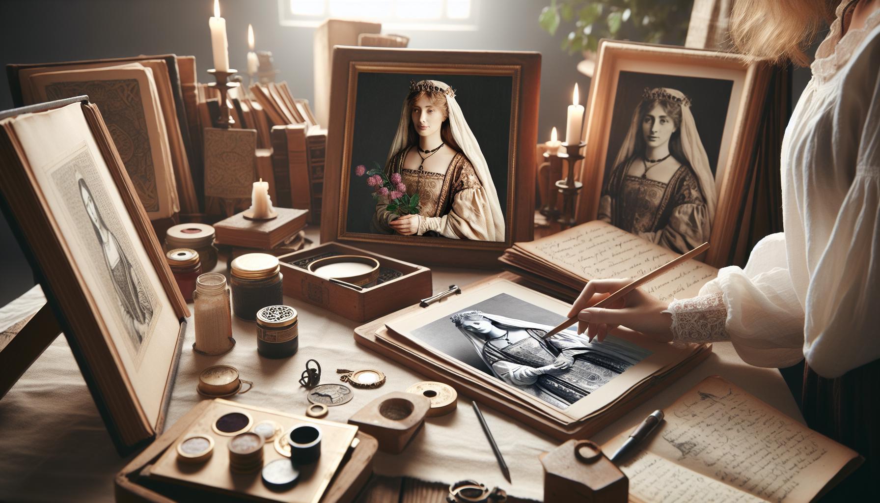 Jak Potratit Babské Rady: Historické Informace (Pouze Vzdělávací) 1 a vintage illustration of a historical healer examining old manuscripts and herbal remedies with framed portraits of women, candles, and antique medical tools.