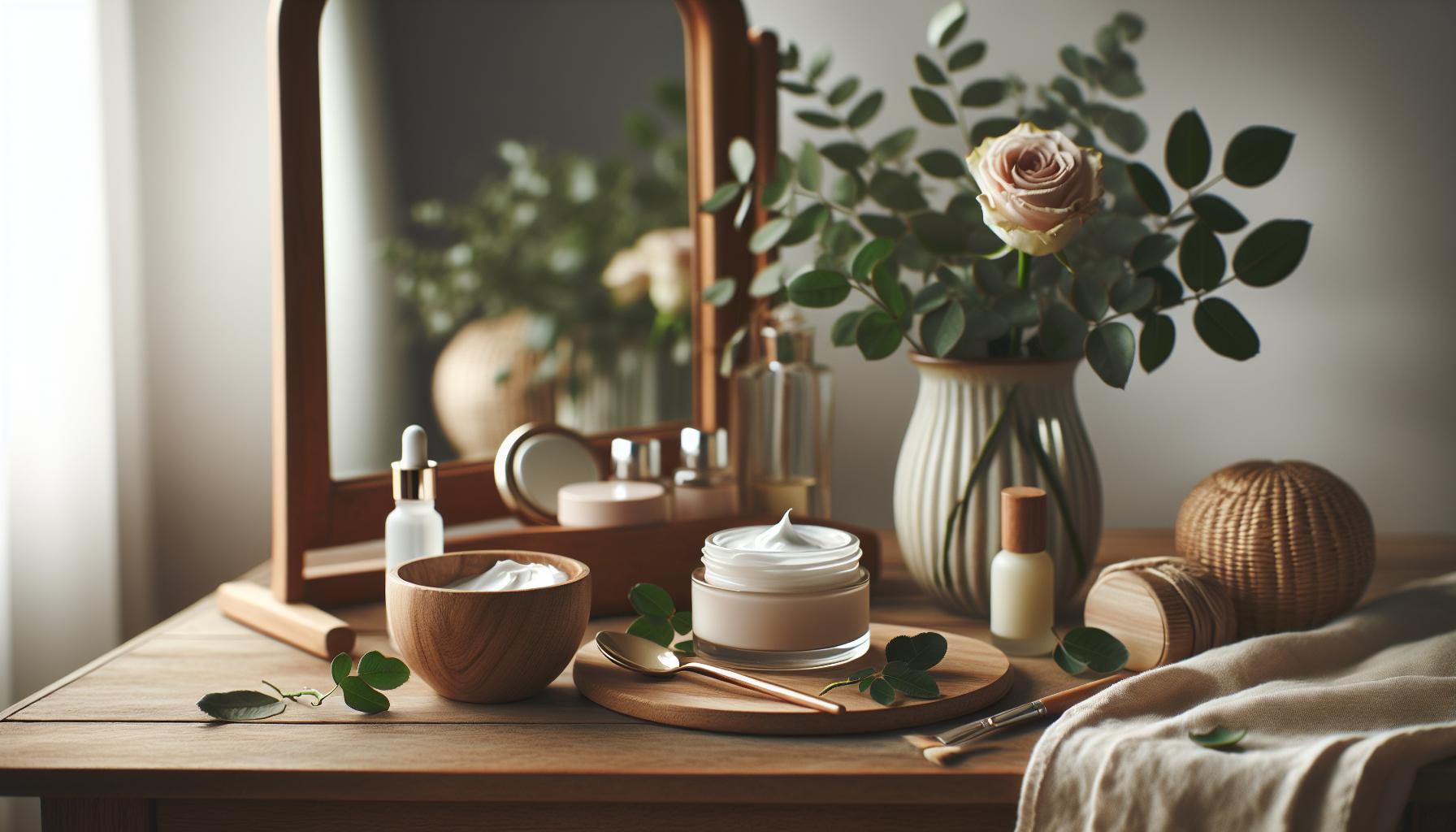 Babské Rady Na Housera: Účinné Triky Pro Čistou Pleť 9 a cozy vanity setup showcasing natural skincare products like a jar of cream, wooden bowl with facial mask, and serene rose greenery for čistá pleť a péče o pleť.