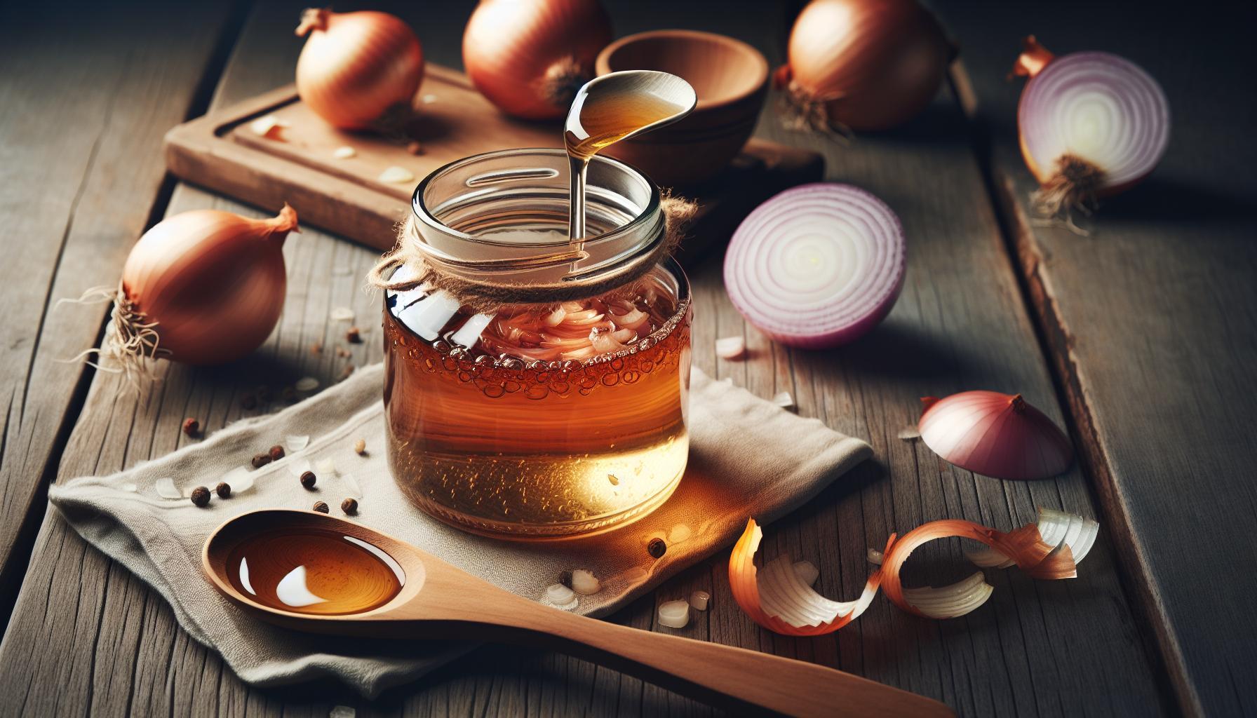 Babské Rady Na Kašel Cibule: Přírodní Sirup Během 5 Minut 1 a glass jar of homemade onion honey syrup with sliced onions, whole onions, and a wooden spoon on a rustic table