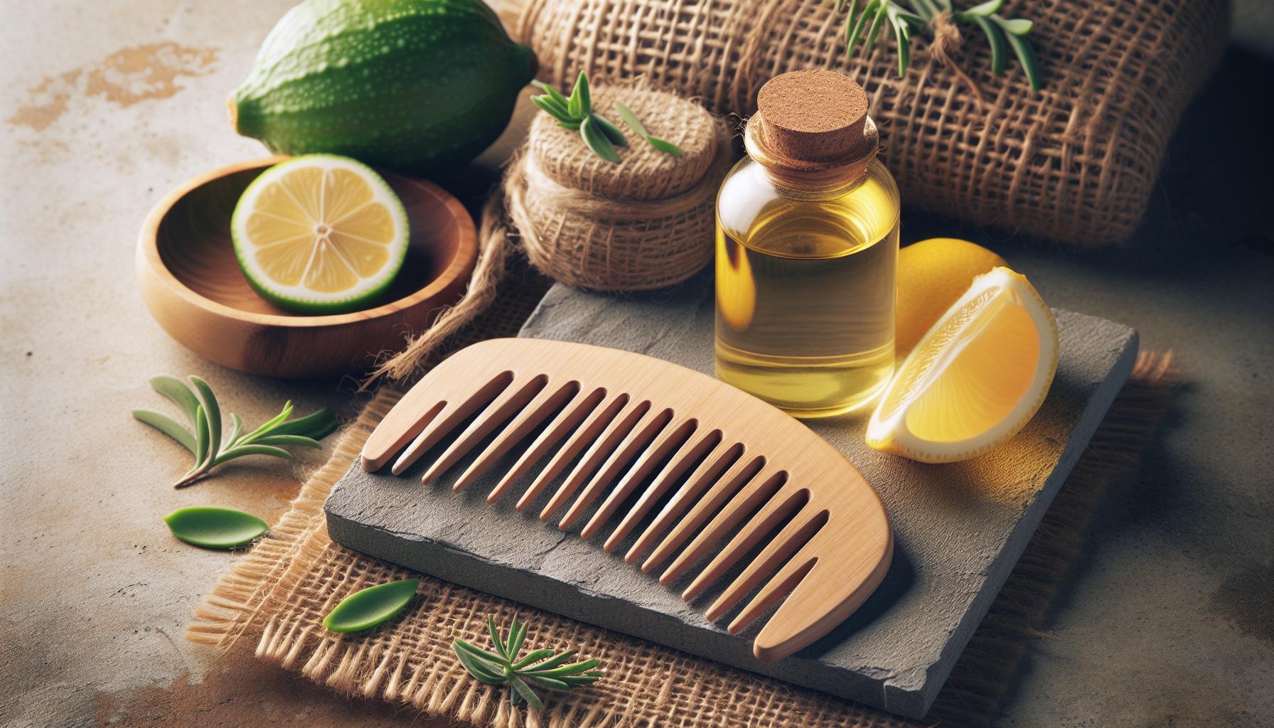 Jak Se Zbavit Lupů Babské Rady: Čistá Pokožka Hlavy Navždy 9 natural wooden hair comb with citrus fruits, essential oil bottle, and woven baskets on a rustic cloth, illustrating natural remedies for healthy scalp care