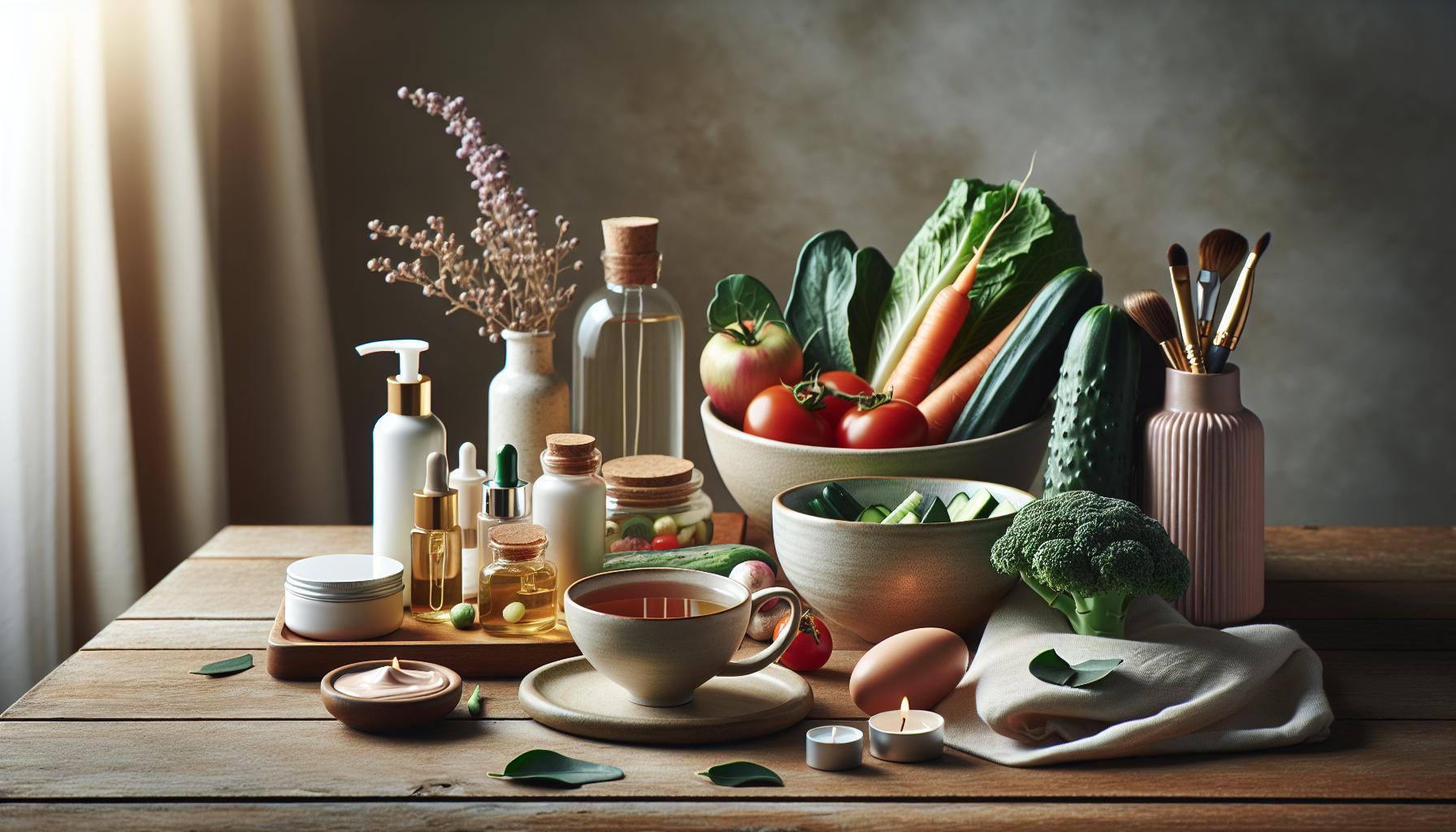 Babské Rady Na Podkožní Akné: Vyčistěte Pleť Zevnitř 9 a rustic wooden table displaying natural skincare products, fresh vegetables, herbs, and wellness items like candles and teas for holistic facial and organism care.