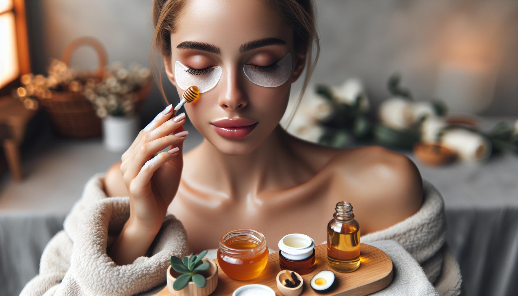 Babské Rady Na Povislá Víčka: Přírodní Lifting Očí Doma 1 a woman applying natural honey-based eye treatment with patches and skincare products for home eyelid lifting, wrapped in a cozy towel.