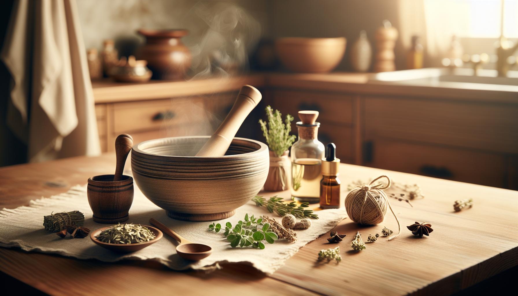 Babské Rady Na Polypy V Nose: Zmenšete Je Přirozenou Cestou 1 a wooden mortar with pestle grinding herbs, surrounded by natural remedies like dried plants, essential oils, and star anise on a rustic table.