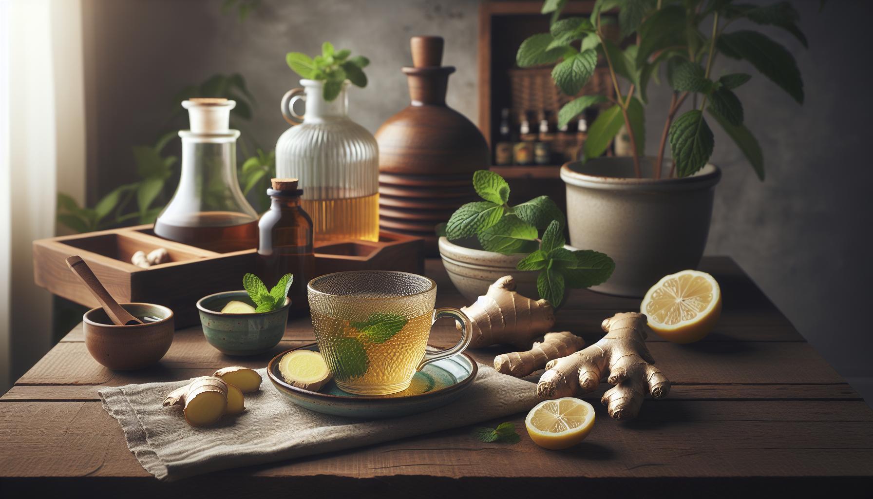 Babské Rady Na Reflux Jícnu: Zastavte Pálení Žáhy Okamžitě 8 a wooden table displaying natural remedies for reflux jícnu, including ginger, lemon slices, mint leaves, herbal tea, and essential oils for úleva od pálení žáhy