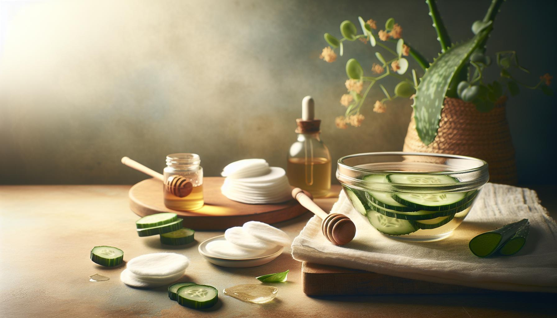 a wooden table displaying natural skincare ingredients like cucumber slices in water, honey, aloe vera, essential oils, and cotton pads for healthy, glowing skin and zjemnění (soothing) pores.