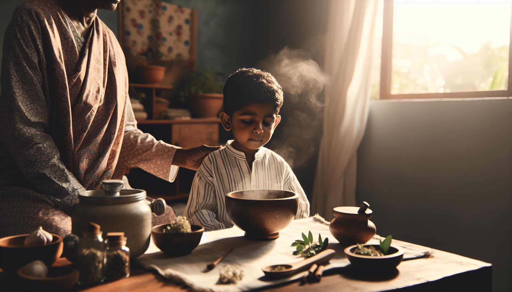 Babské Rady Na Rýmu U Dětí: Dýchají Volně Bez Léků 1 a child receiving traditional steam inhalation therapy for respiratory relief using natural herbs, guided by an adult.