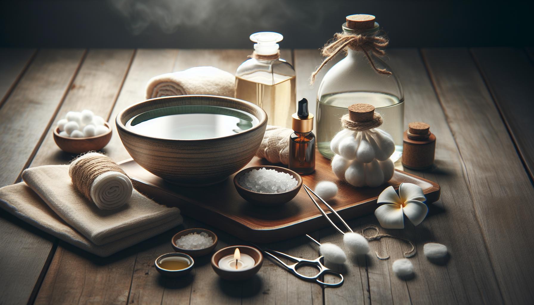 Babské Rady Na Zarostlý Nehet: Vyřešte Problém Bez Chirurgie 17 a wooden table displaying natural ingredients for foot care, including hot stone basin, sea salt, garlic cloves, essential oils, and herbal remedies for soothing inflammation and promoting healing of the nehtová ploténka