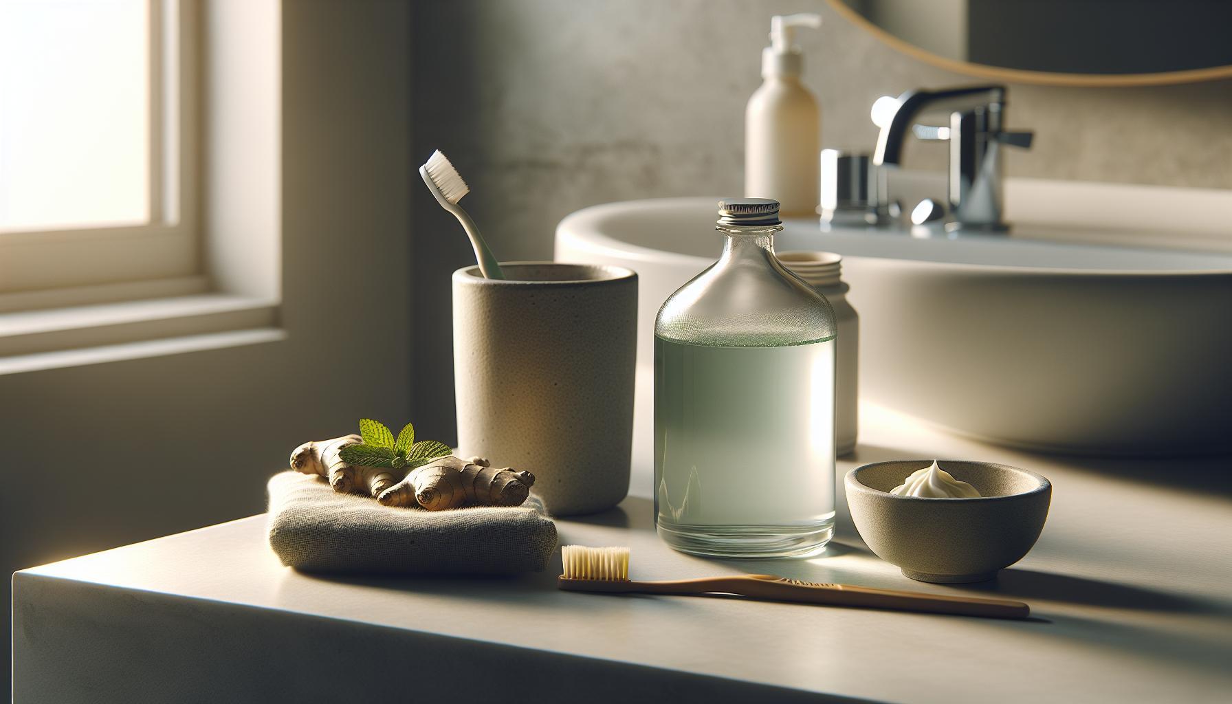Babské Rady Na Zánět Dásní: Zdravé Dásně Za 5 Dnů 1 a neatly arranged bathroom counter with toothbrush in a textured holder, fresh ginger root with leaves, a jar of green liquid likely mouthwash, and a bowl of whitish cream, emphasizing natural ústní hygiena remedies for healthy dásně.