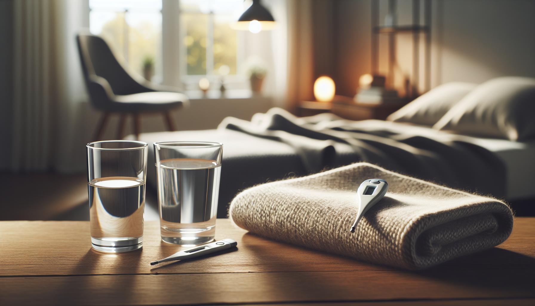 two glasses of water with a digital thermometer and towel on a wooden table for safely monitoring and reducing fever