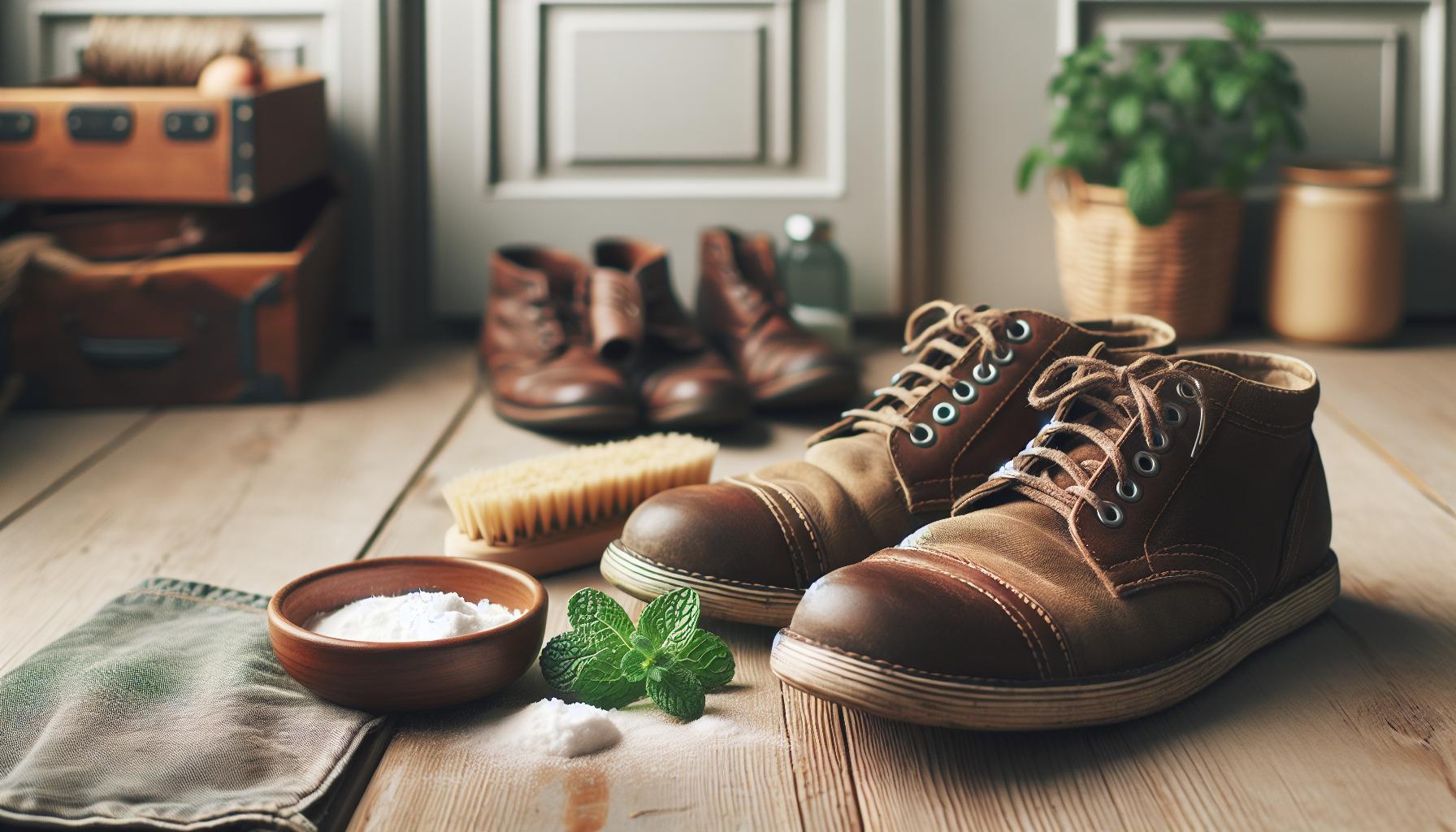 Zápach Bot Babské Rady: Svěží Obuv Bez Chemie 1 a pair of brown leather sneakers placed on a wooden floor with natural cleaning supplies like baking soda, mint leaves, and a brush, highlighting traditional methods for keeping obuv fresh without synthetic chemicals