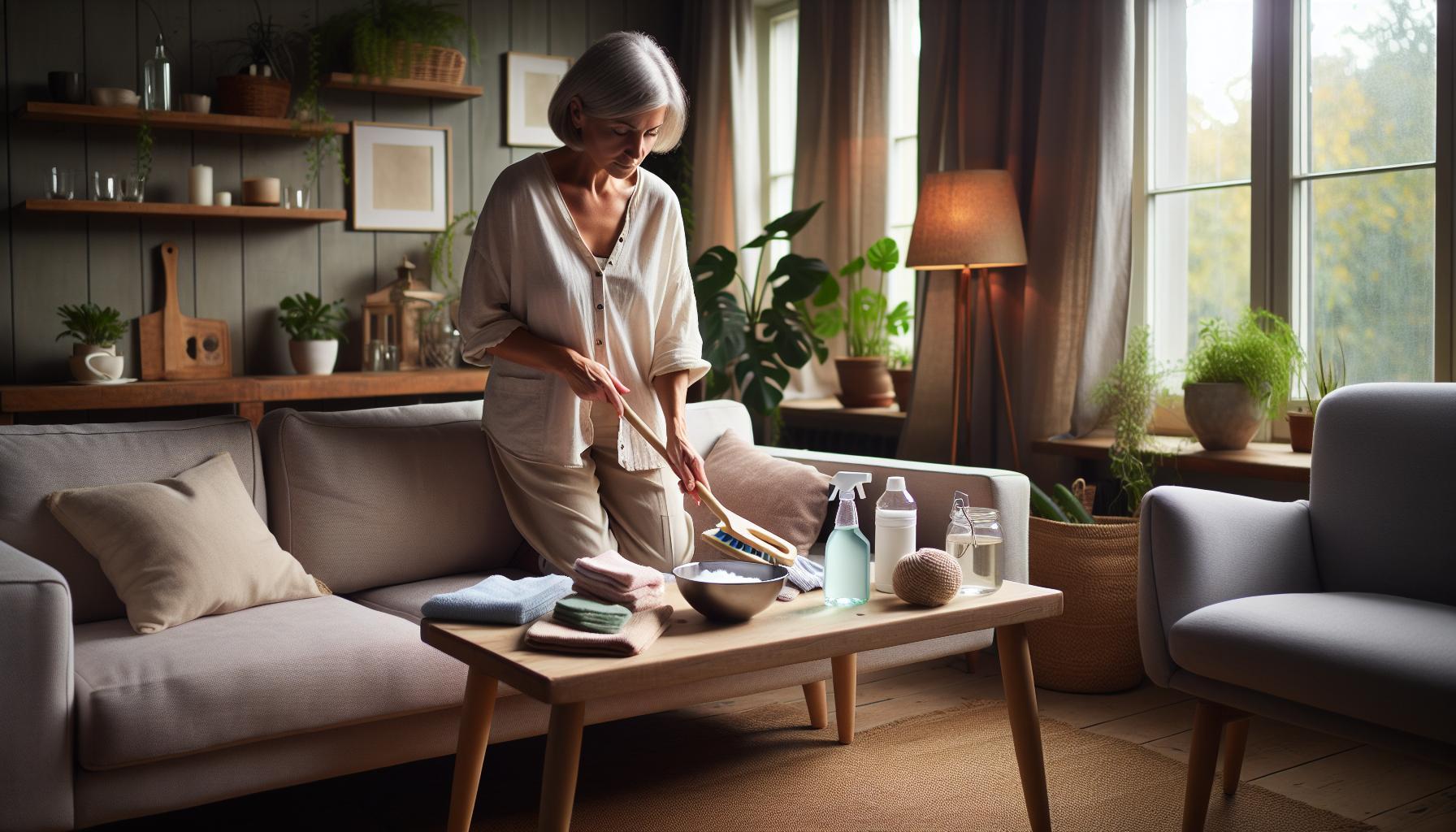 Jak Vyčistit Sedačku Babské Rady: Jako Nová Bez Chemie 1 a woman preparing natural cleaning supplies like soda, sponges, and spray bottles on a coffee table to clean furniture without chemicals