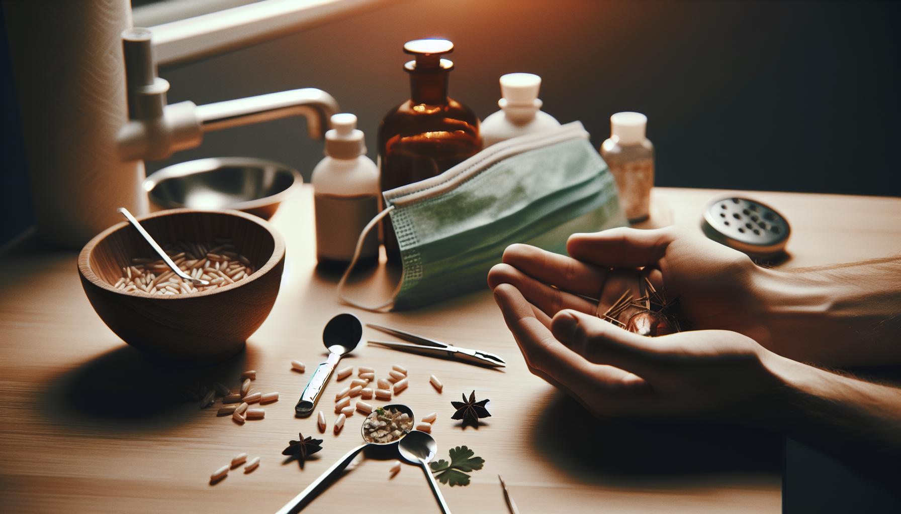 Bolest Zubů Babské Rady: SOS Pomoc V Noci 4 hands holding acupuncture needles with bowls of grains, herbs, and traditional remedies for natural úleva od bolesti zubů, including masks and medicinal bottles