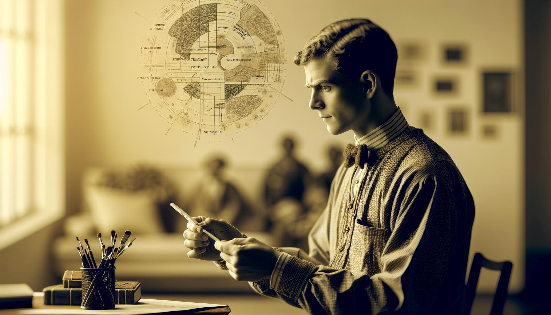 a vintage-style illustration of a focused man studying an intricate circular diagram of early pregnancy symptoms while holding a quill pen, surrounded by writing tools