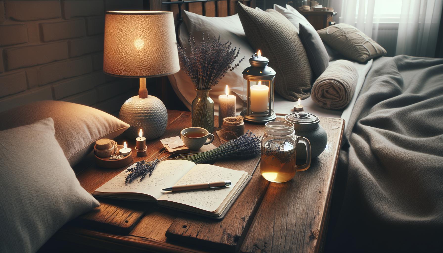 Nespavost Babské Rady: Usněte Během 15 Minut Přirozeně 1 a cozy wooden bedside setup with soft lighting, lavender, candles, a journal, and herbal tea to promote relaxation and healthy spánek