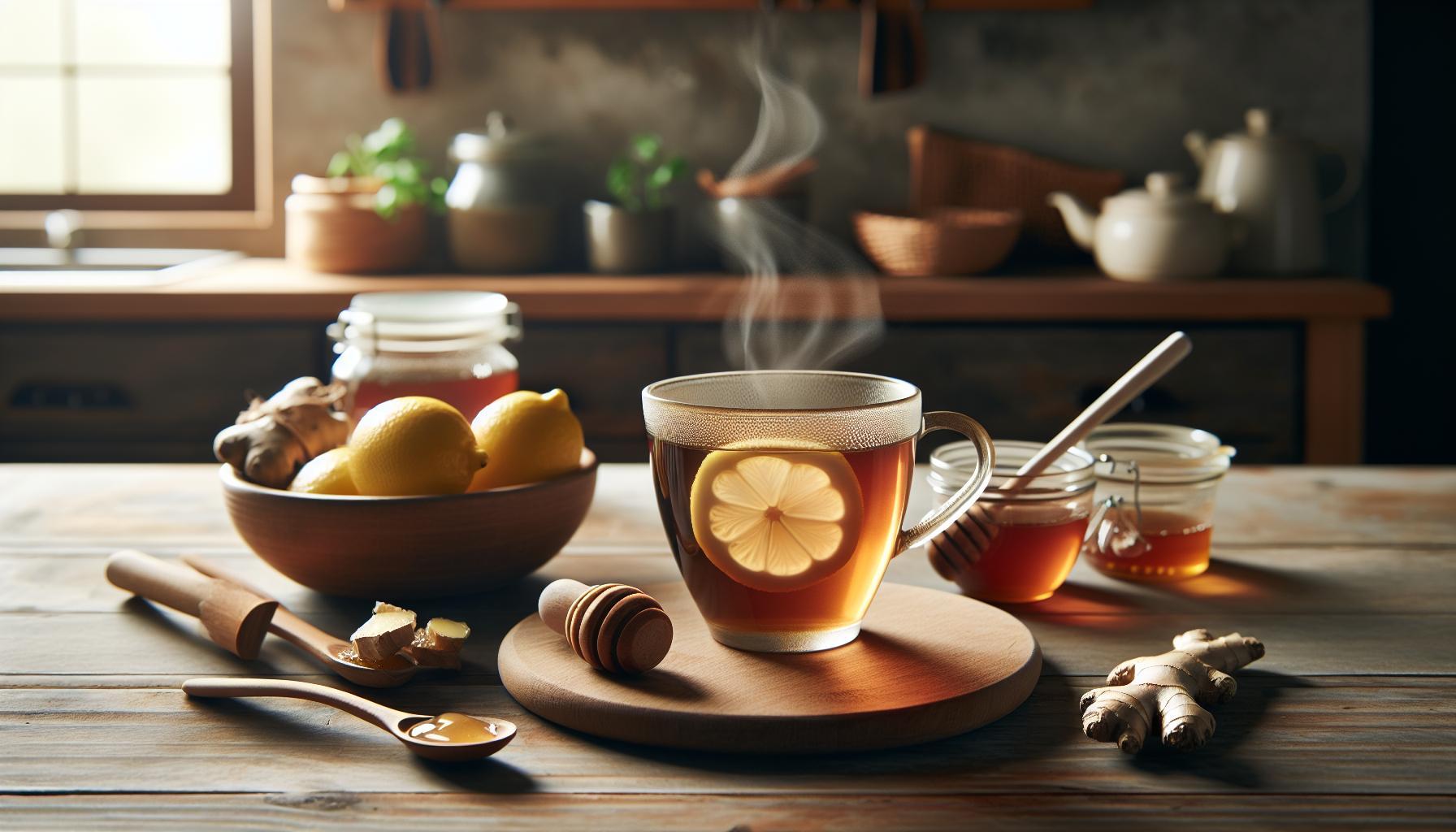 Babské Rady Chřipka: Vyléčte Se Za 3 Dny Doma 1 a steaming cup of ginger-lemon tea with fresh ginger, lemon slices, and honey jars, ideal for home remedies to support immunity and alleviate flu symptoms