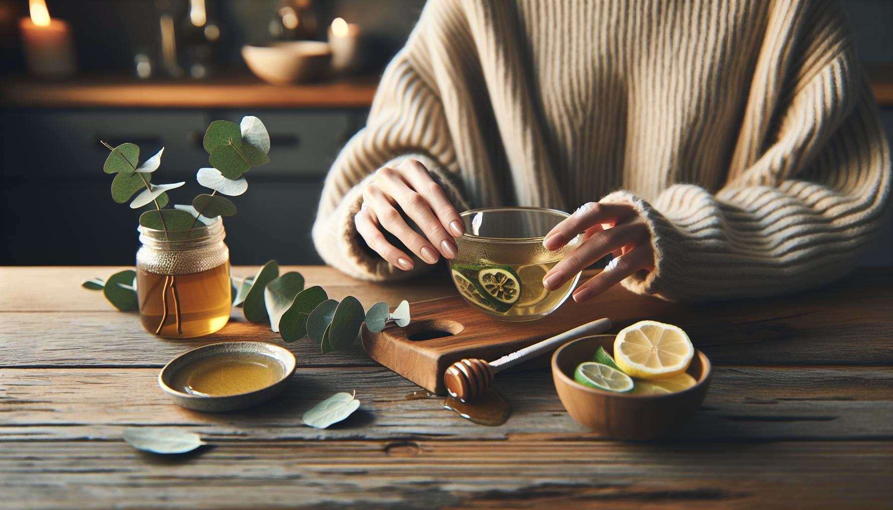 Odkašlávání Hlenů Babské Rady: Vyčistěte Průdušky Efektivně 12 a person preparing honey-lemon tea with eucalyptus leaves for natural throat relief and odkašlávání hlenu