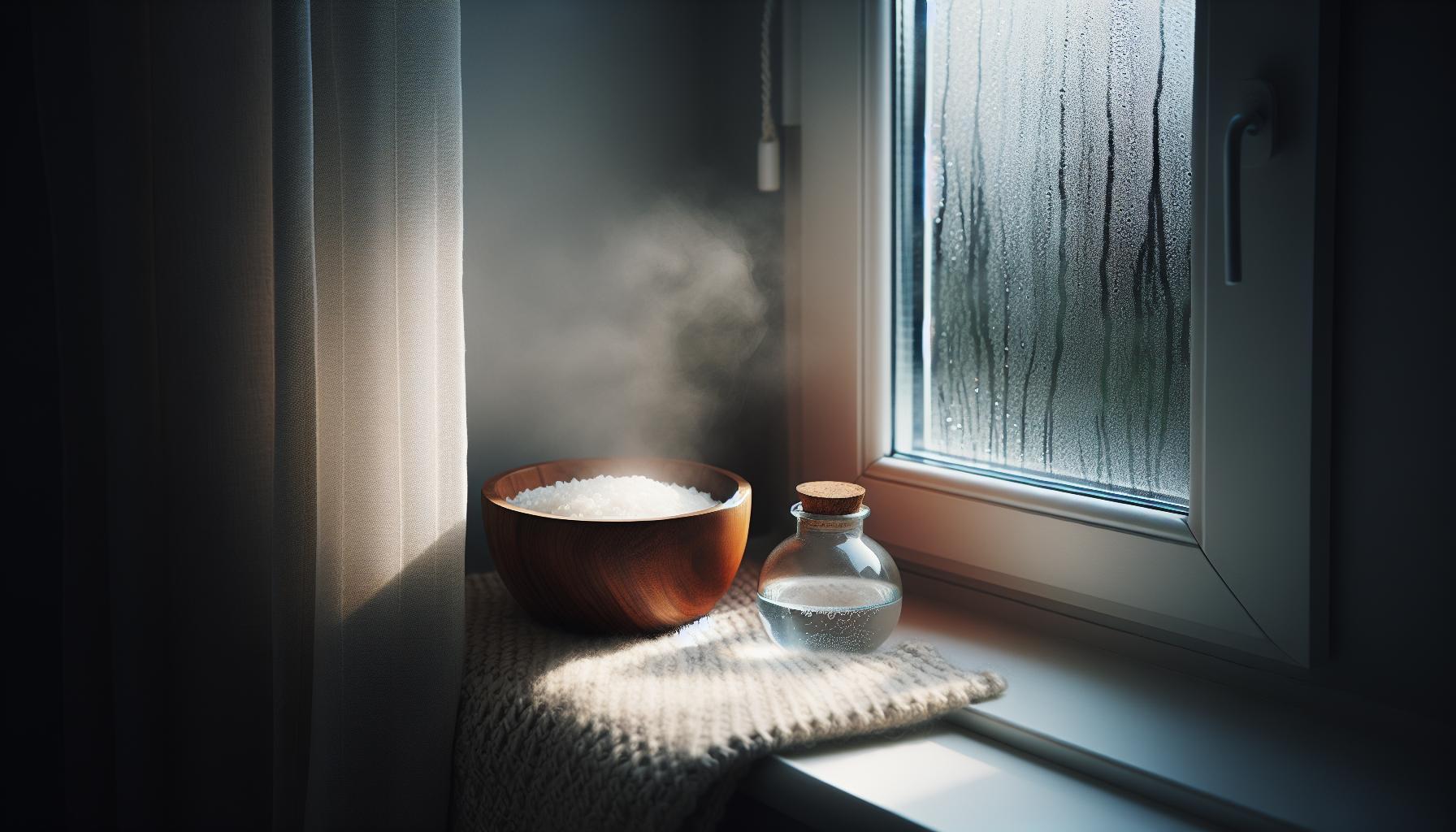 a wooden bowl of rice with steam rising, placed beside a glass bottle on a windowsill with condensation, illustrating simple home horosene duchovani for suchý vzduch