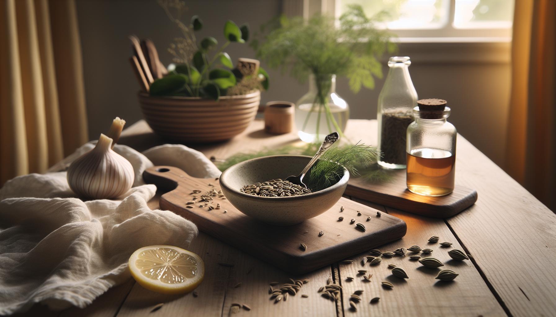 natural wooden table displaying crushed coriander seeds, garlic bulb, lemon slice, mortar with fennel seeds, and herbal remedies for digestion and babské rady relief.
