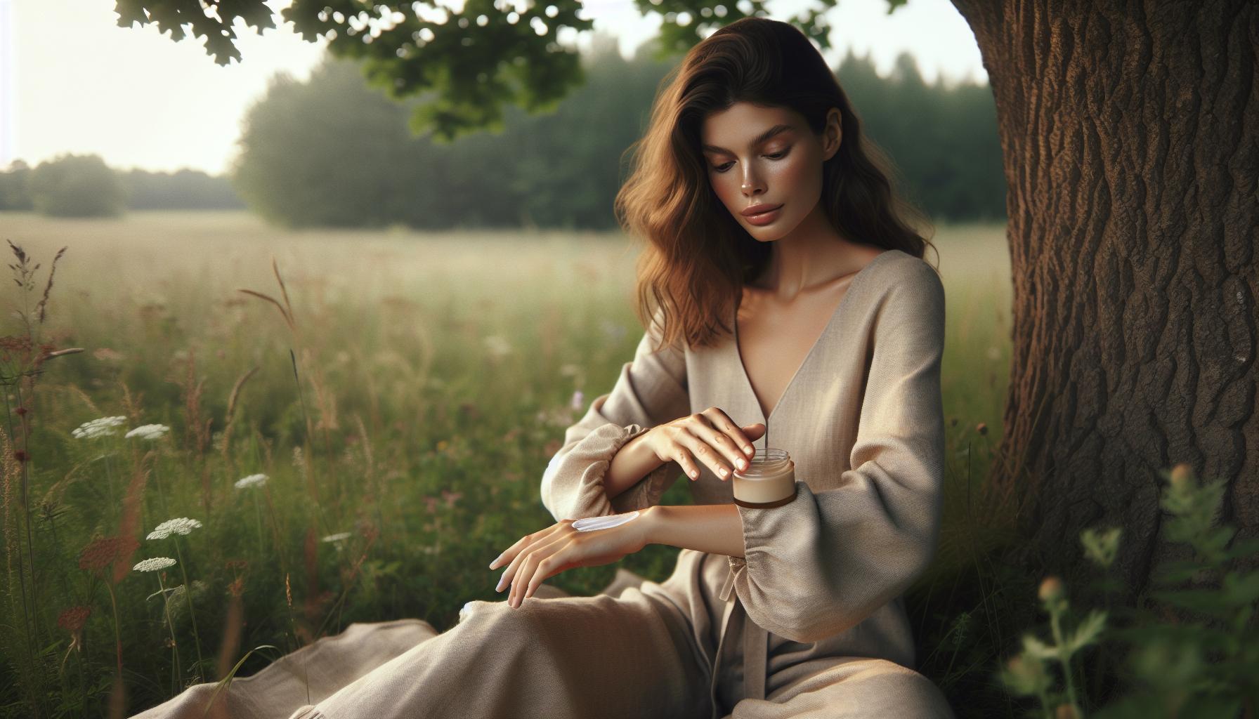 Sluneční Alergie Babské Rady: Ochraňte Pokožku Přírodně 1 a woman applying natural skincare remedy beside a tree in a sunlit meadow, soothing sensitive skin with homemade balm