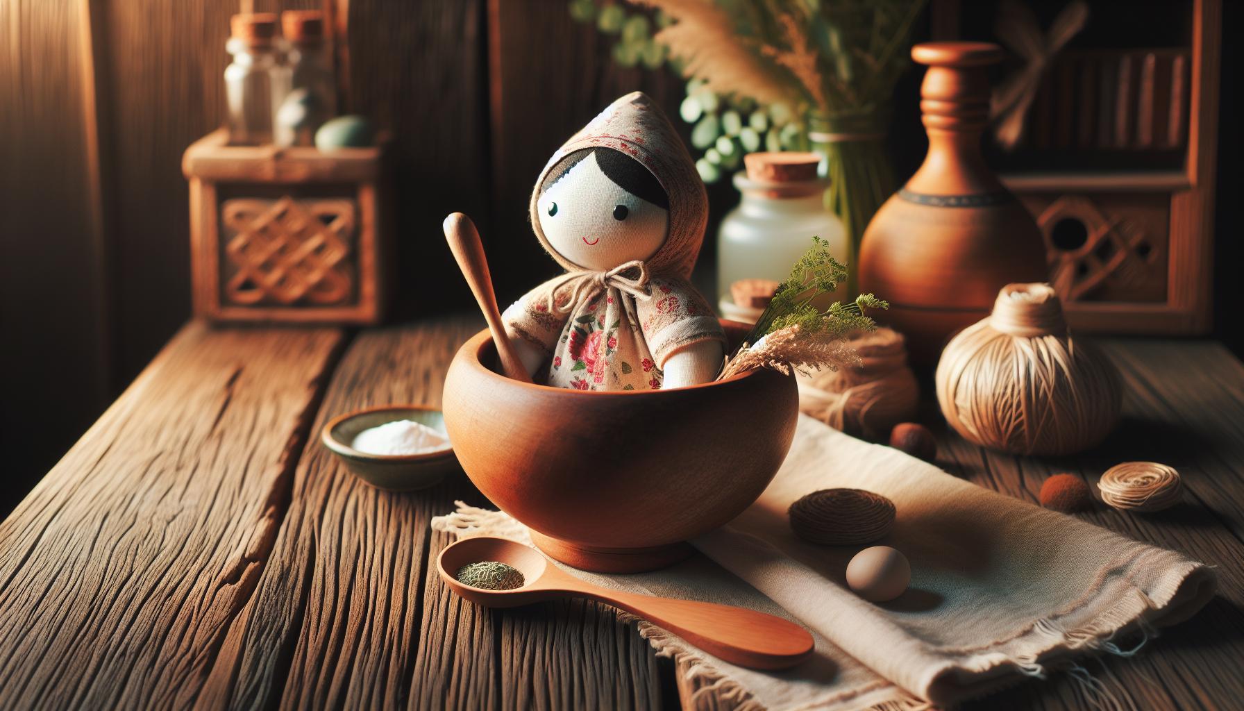 Jak Otěhotnět Babské Rady: Osvědčené Triky Babiček 1 a traditional wooden matryoshka doll stirring herbs in a wooden bowl, surrounded by natural fertility aids like rolled cloth, seeds, and jars of botanicals, evoking babské rady and přírodní metody.