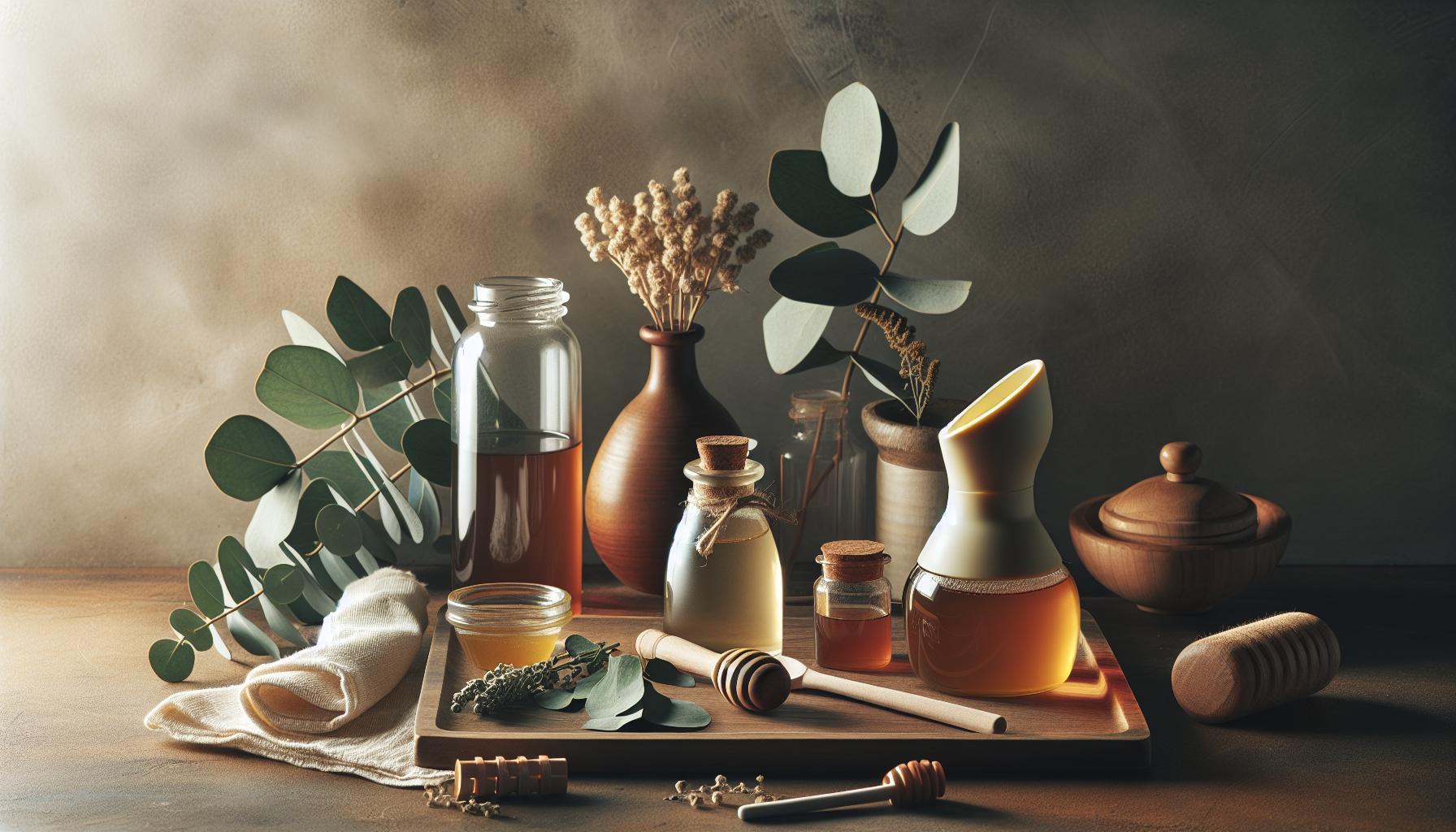 Zahleněný Krk Babské Rady: Vyčistěte Hleny Za Den 1 homemade remedies for soothing a congested throat with honey jars, herbal bottles, eucalyptus leaves, and natural wellness tools