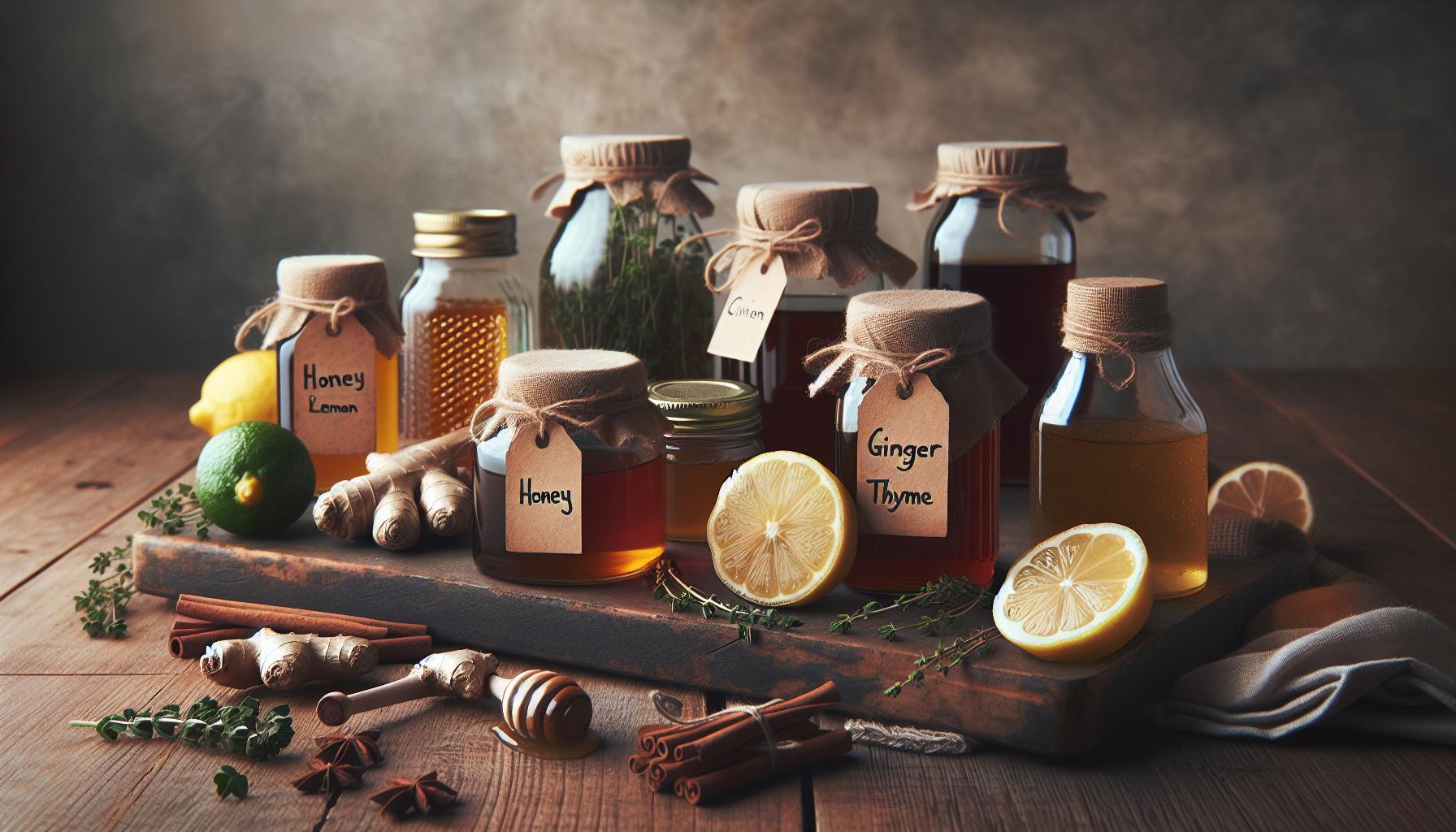 Kašel Babské Rady: 7 Domácích Sirupů, Které Zabírají 1 natural wooden table displaying jars of honey, lemon-infused honey, ginger-thyme syrup, and traditional herbs with sliced citrus, cinnamon sticks, and honeycomb pieces for homemade remedies and health care.