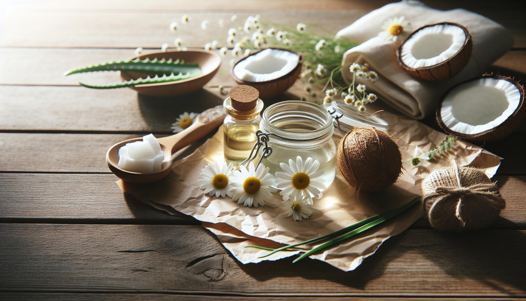 natural ingredients for skin care including coconut shells with coconut water, aloe vera gel, chamomile flowers, tea tree oil, and jojoba oil for soothing irritated skin