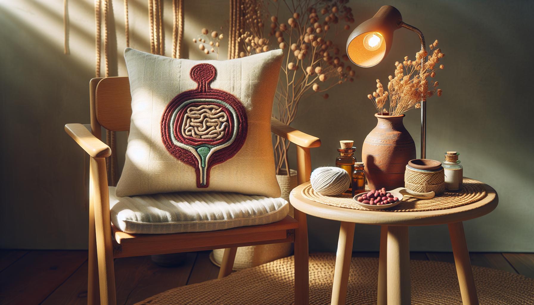 Babské Rady Na Hemoroidy: Konec Bolesti A Nepohody 1 a cozy chair with a decorative pillow featuring an embroidered cross-section of the digestive tract, surrounded by natural remedies like herbs, clay pot, and warm lighting for home wellness.